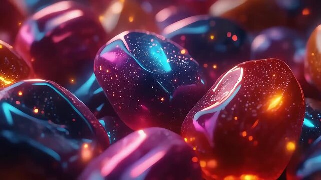 Colorful, glowing, semi-translucent polished stones with shimmering, speckled surfaces in vibrant hues of blue, purple, pink, orange, and gold, arranged closely