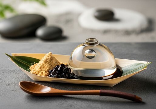 Raindrop cake mizu shingen mochi with kinako powder and syrup on wooden boat dish in zen setting