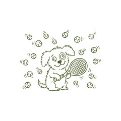 Obraz premium Happy dog playing tennis with a racket and balls line art tennis ball sports equipment playing fetch dog sport cute funny