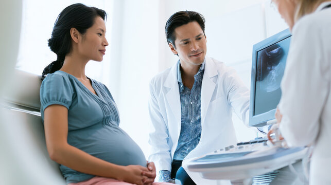 A doctor explains the ultrasound scan to a pregnant woman in a clinic. The woman sits comfortably while the doctor uses the ultrasound machine to show images