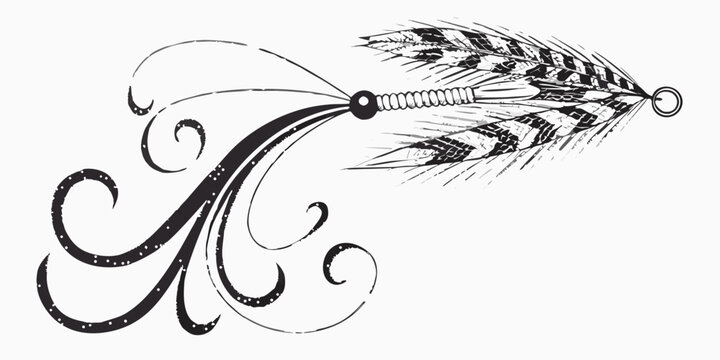 Fly fishing lure illustration artistic black and white drawing