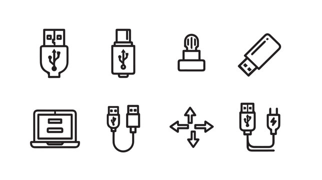 Diverse USB connection types and computer peripherals illustrated with clean line art on white