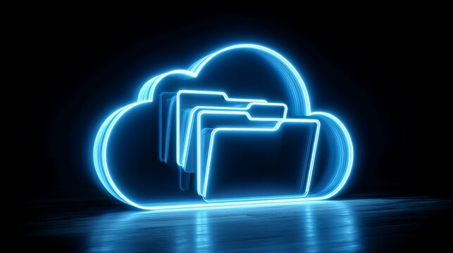 Dynamic neon blue cloud icon with folders symbolizing secure digital data storage and cloud computing solutions for modern business