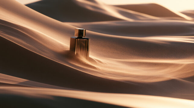 A bottle is positioned in the sand of a desert as the sun sets. Wind moves the sand around the bottle, creating soft lines and shapes. The colors shift as daylight fades