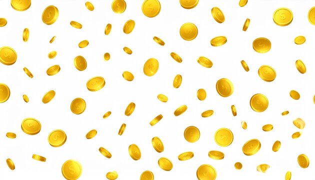 "Scattered gold coins floating on white background, dynamic abstract composition symbolizing wealth, prosperity, abundance, finance, success, and rewards with vibrant metallic shine and motion"