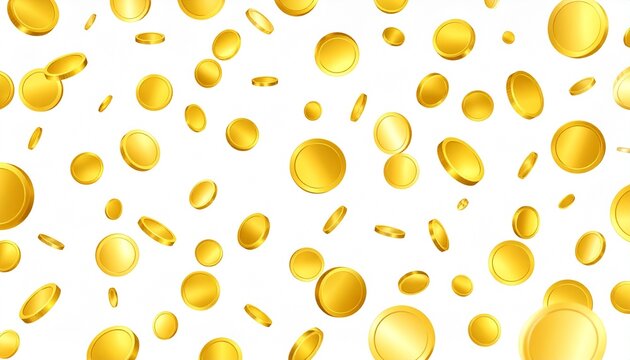 "Scattered gold coins floating on white background, dynamic abstract composition symbolizing wealth, prosperity, abundance, finance, success, and rewards with vibrant metallic shine and motion"