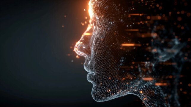 Dynamic digital human face wireframe dissolving into luminous particles, symbolizing AI, consciousness, and future technology concepts with vibrant orange glow against dark background.