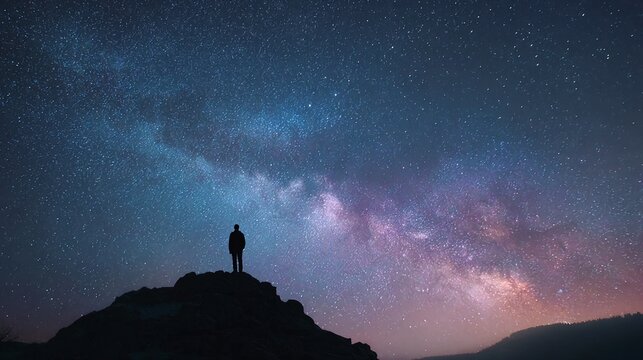 Lone figure silhouetted against a breathtakingly vibrant Milky Way galaxy, inspiring wonder and the vastness of the universe