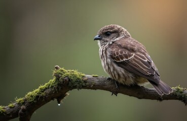Obraz premium Brown bird rests on mossy tree branch. Small wild creature with fluffy feathers waits patiently in nature. Close-up of avian wildlife in forest habitat.