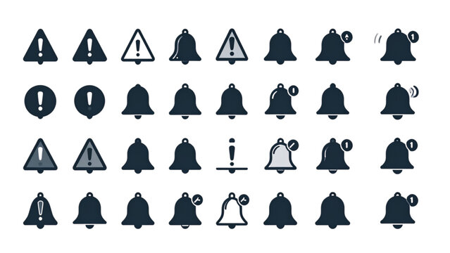 Notification and alert icons set &ndash; solid, silhouette, warning and bell symbols
