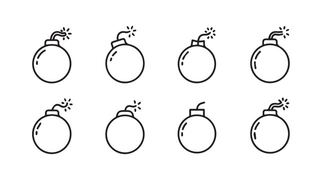 Eight bomb icons with burning fuses in a clean white background graphic design concept