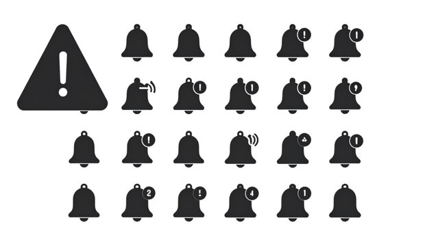 Notification and alert icons set &ndash; solid, silhouette, warning and bell symbols