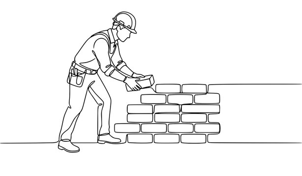 Continuous line construction worker building brick wall vector illustration repair service concept