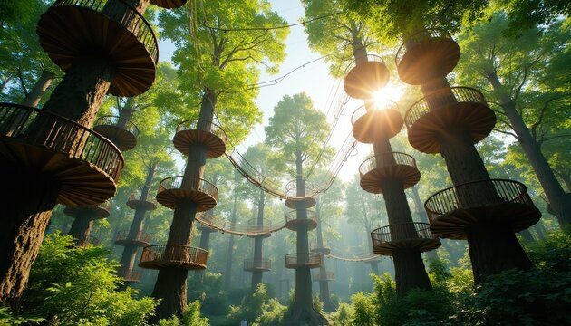 Tall trees with circular wooden platforms create a high ropes course in a lush green forest. Suspended rope bridges connect the platforms high above ground level.