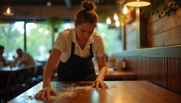 Waitress cleans crumbs from restaurant table after lunch rush. She works hard, looks tired after busy service shift. Uniformed staff tidies dining area, preparing for next customers.