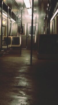 An empty subway car shows rows of seats in dim lighting. The floor is shiny from a recent cleaning. The atmosphere feels quiet and still at night with no passengers present.
