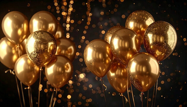 Golden balloons floating on dark background