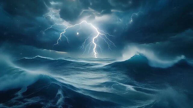 A fierce storm over turbulent ocean waves under dark, stormy clouds with bright lightning illuminating the turbulent scene