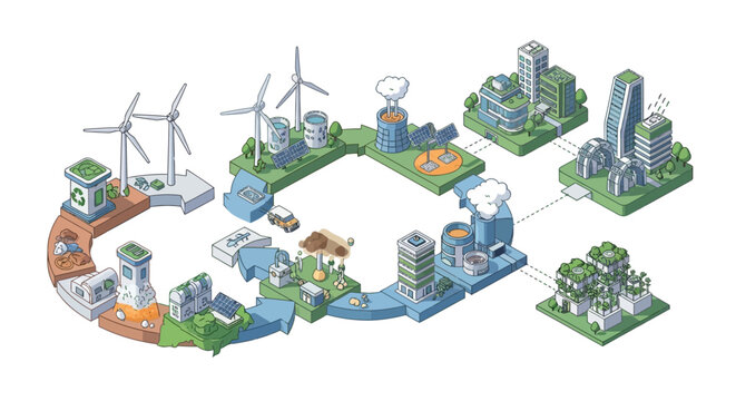 Illustration depicting the cycle of sustainable energy and eco-friendly urban development.