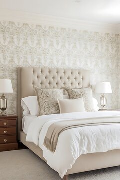 Elegant neutral toned tufted bed with ornate wallpaper and bedside lamps.