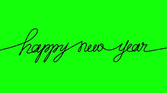 Black cursive script spells "Happy New Year" against vibrant green background