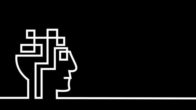 Head and brain merge into one outline. Simple, minimalist, abstract design. Symbolizes thought, consciousness, or mental processing.
