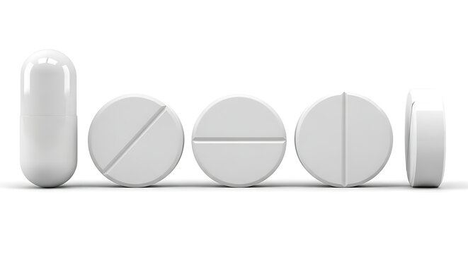 Row of white pharmaceutical pills and capsule with over the counter health care white background medication pharmaceutical medicine treatment prescription vitamins supplements painkiller