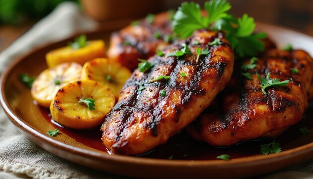Close up of grilled jerk chicken pieces served with grilled plantain slices on a rustic wooden plate. Garnished with fresh parsley creating a savory, flavorful Caribbean dish.