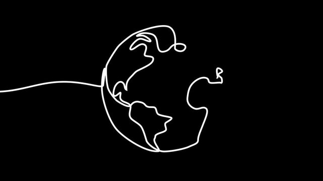 White line draws globe world map against black background