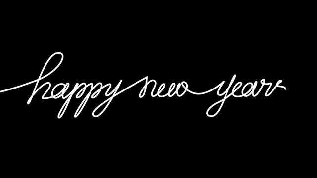 "Happy New Year". Cursive flows smoothly across frame. Simple, elegant, festive message. Perfect for holiday cards or social media