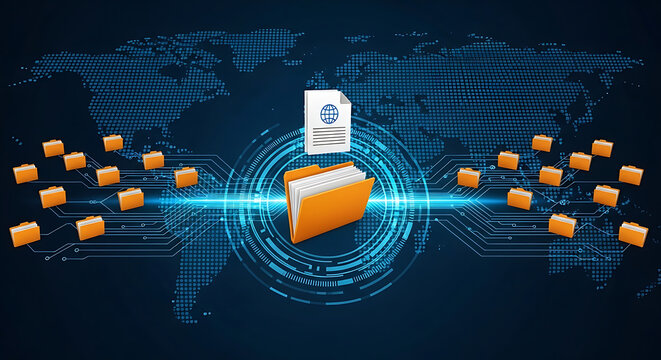 Digital data transfer and file organization concept with binary code world map cloud storage document technology connection information database internet communication abstract download