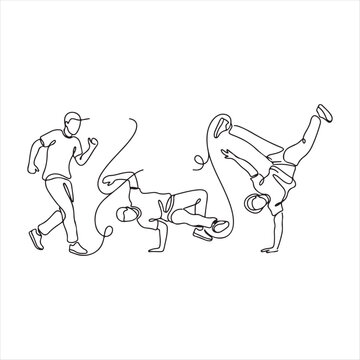 Continuous line drawing of three people doing breakdancing moves in sync  dynamic illustration