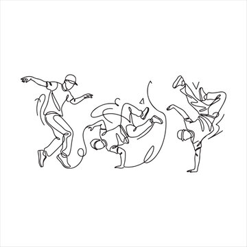 Continuous line drawing of three breakdancers performing various moves in sync  dancing
