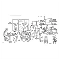 Obraz premium People sitting at tables and standing at counter in modern coffee shop interior design