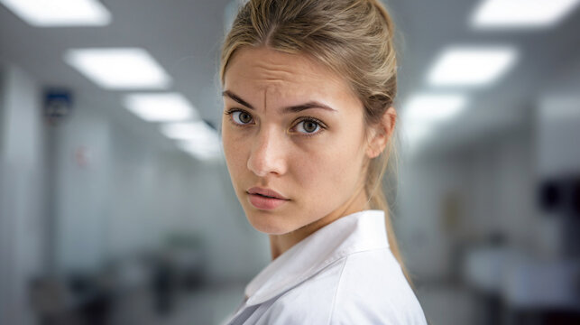young woman with a concerned expression in a lab or hospital