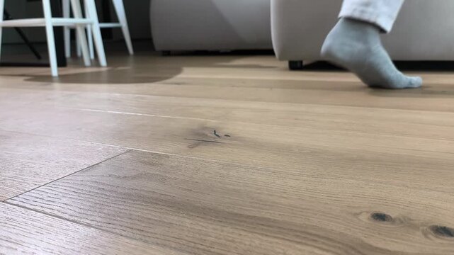 Person walks with vacuum cleaner over wooden floor in living room. Upright device removes dust while moving across parquet surface. Home cleaning routine supports organized domestic