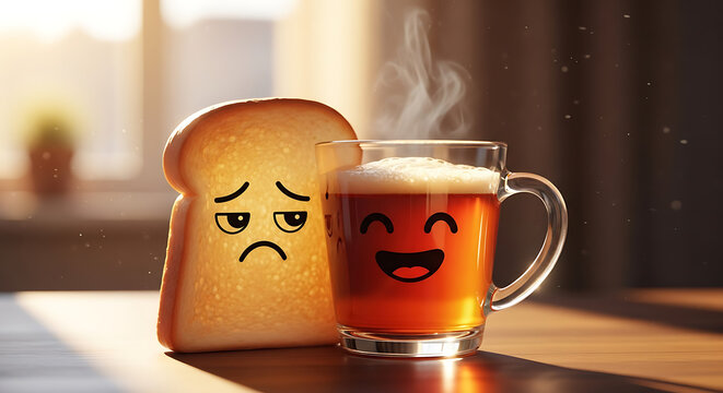 Whimsical Cartoon Illustration of Sad Toast and Happy Steaming Tea on Table, Reflecting Morning Moods and Breakfast.