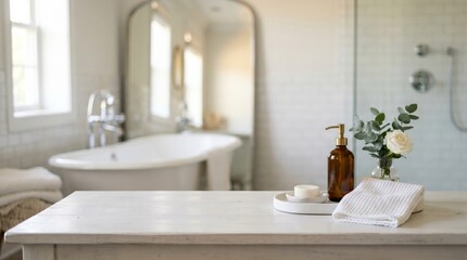 Fototapeta premium Modern Bathroom Vanity with Soap and Flowers for Home Decor