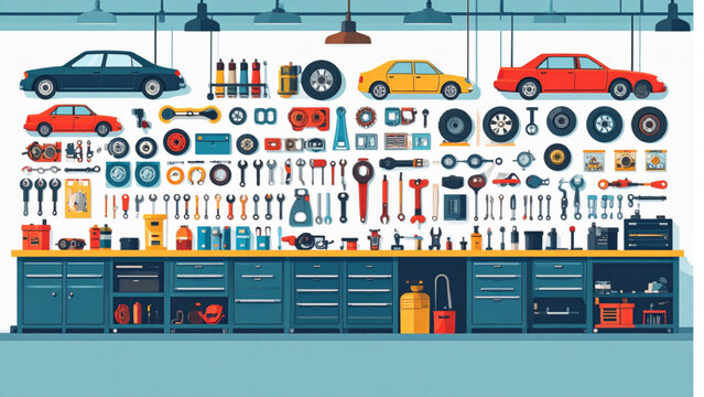 Car maintenance icons illustrating repairs and service tasks in an auto shop setting