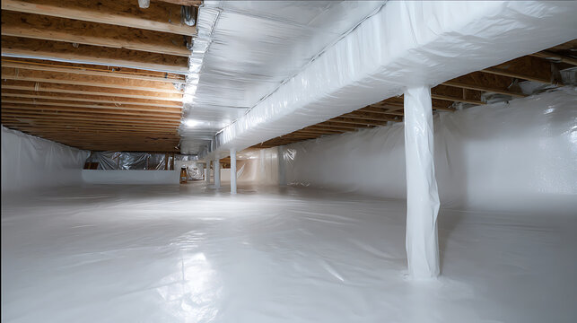 Clean crawl space with white vapor barrier, encapsulation system protects foundation, damp proofing, waterproofing, pest control, construction detail
