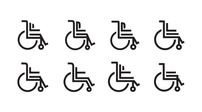 Eight simplified wheelchair icons arranged in two rows on a white background representing accessibility and mobility options