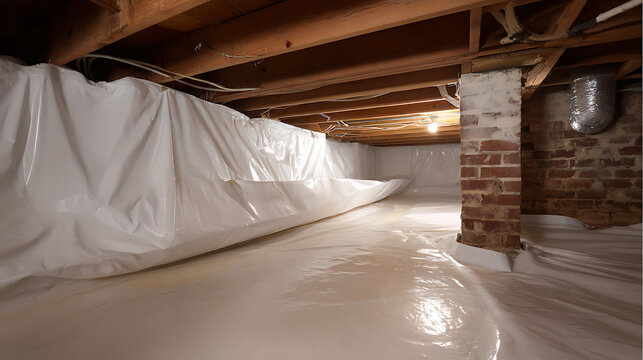 Clean crawl space with white vapor barrier installation, protect home foundation, prevent moisture, wood beams and brick support structures visible