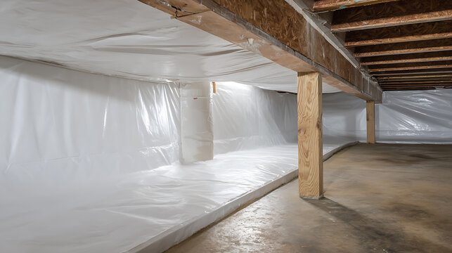 Clean Crawl Space with Encapsulation System and Wood Beams, Concrete Floor, Residential Home Foundation Improvement, Moisture Barrier Installation Projects