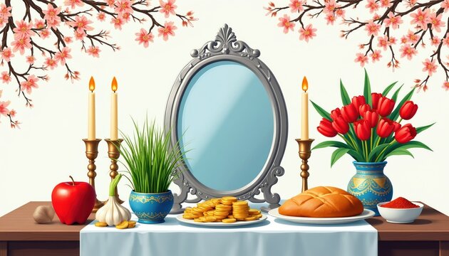 Persian New Year table setting with Haft-Seen symbols. Includes mirror, candles, sabzeh, apple, garlic, coins, bread, red powder, and tulips. Spring flowers bloom.