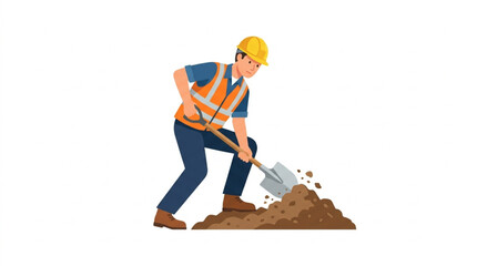 Construction worker digging with shovel in dirt pile. © Cakung