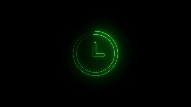 A glowing neon clock shows the time at quarter past two against a stark black background