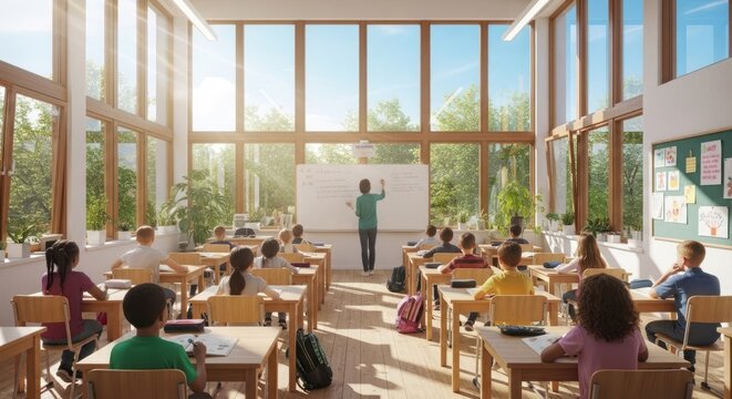 Diverse group of young students attentively participating in a lesson within a sunlit, modern classroom environment
