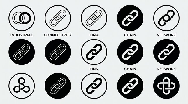 Minimalist circular icons illustrating industrial chains, connectivity, and networks, designed for versatile use in technology, communication, and infrastructure branding.