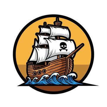 Pirate Ship Sailing on Ocean Waves.