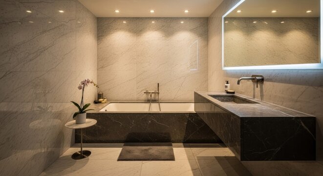 Contemporary luxury bathroom design showcases natural stone surfaces and warm illumination